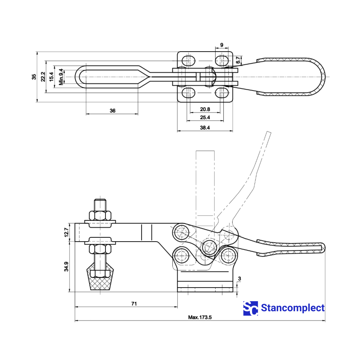 Quick release horizontal toggle clamp ST-225-D - holding capacity 227 kg
